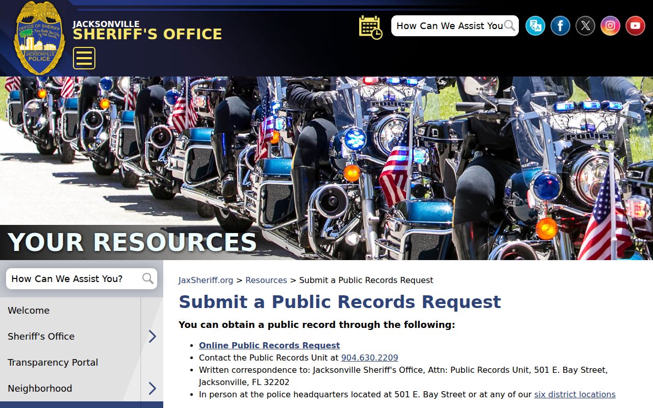 Duval County arrest record request routes on the JSO public records page