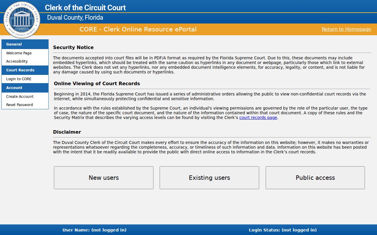 Duval County court case lookup in the CORE court record search
