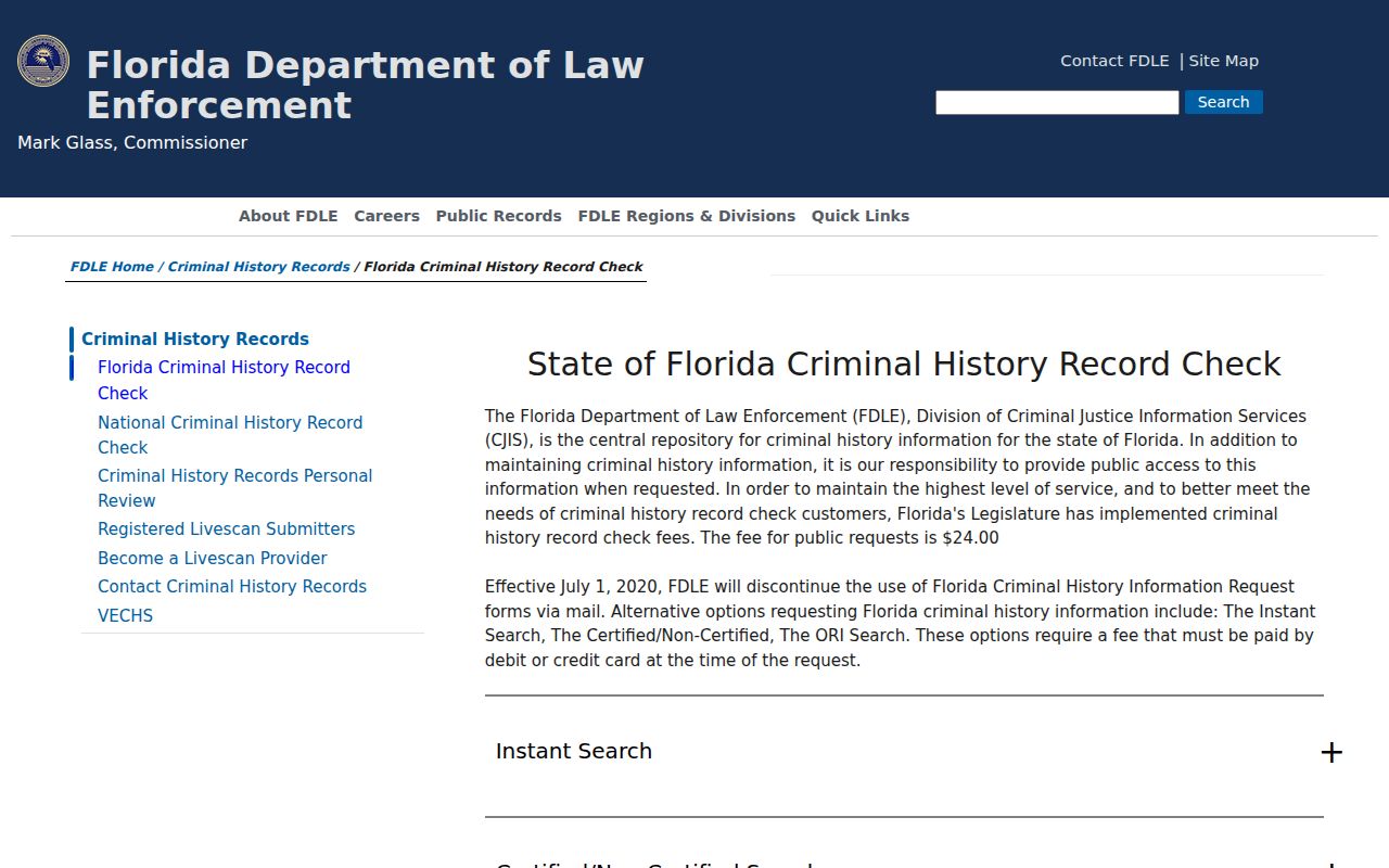 Duval County criminal history options on the FDLE Florida Checks page