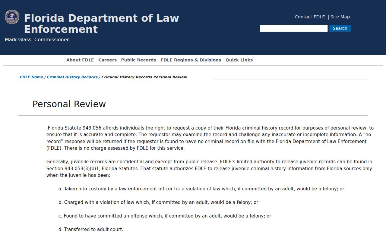 FDLE personal review process for a Duval County criminal record