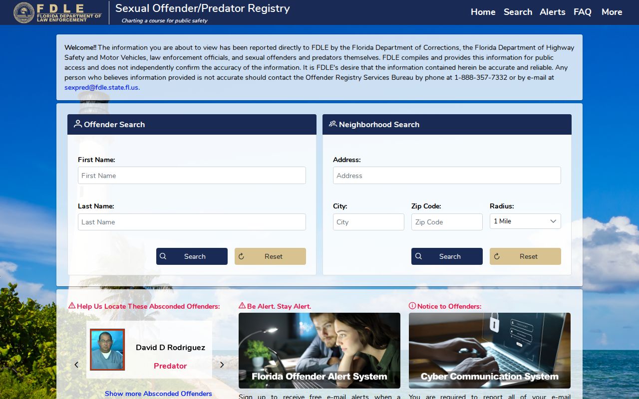 FDLE Florida Sexual Offenders and Predators Search form